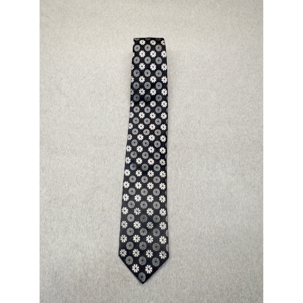 Ermenegildo Zegna Silk Blend Tie Black‎ Silver Floral Medallion Geometric